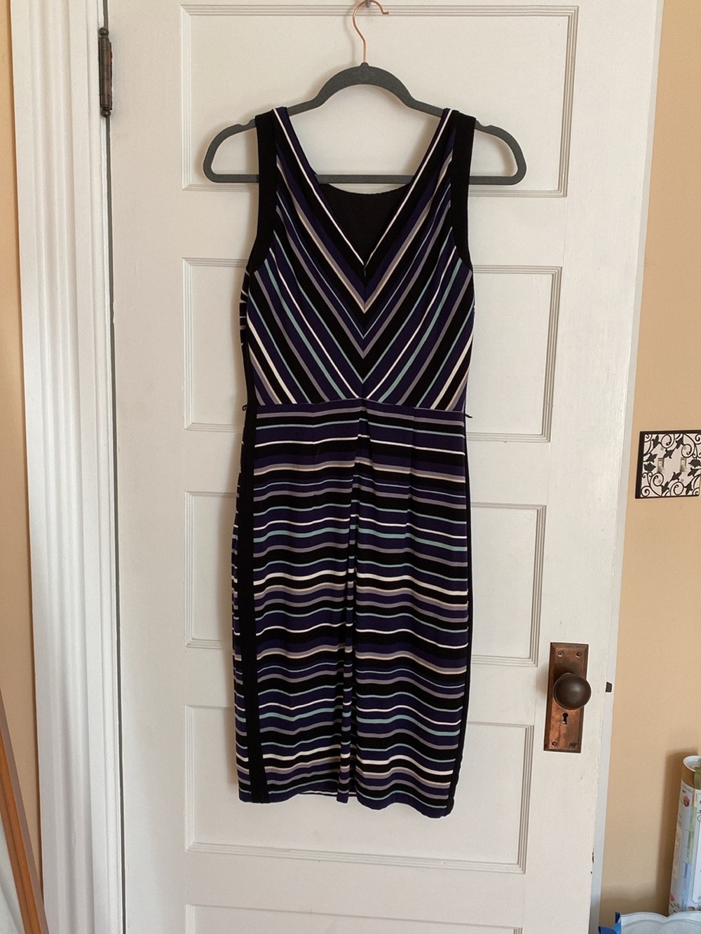 WHBM Sleeveless Black Dress with Turqoise, Purple and White Stripes. Size 6.